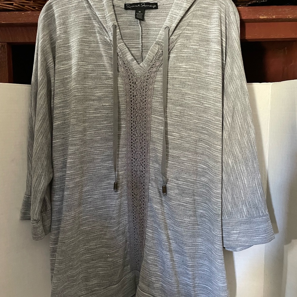 French Laundry Light Gray Knit Hoodie with crochet details